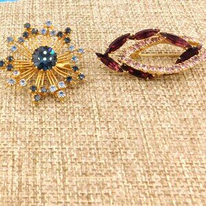Vintage Brooch Pin Lot Purple  Blue Glass Crystals Rhinestone Sun Oval Prong Set